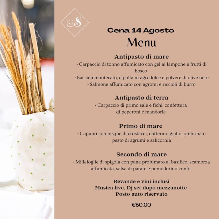 Menu cena del 14 Agosto 2024 a Polignano a Mare - Ristorante Specchia